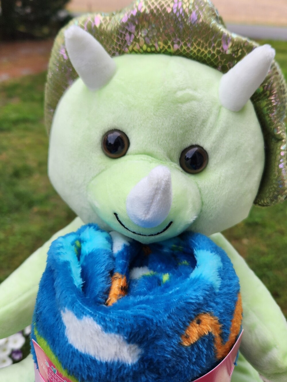 Plush Green Triceratops Holding Blue Patterned Throw - Picture 6 of 6
